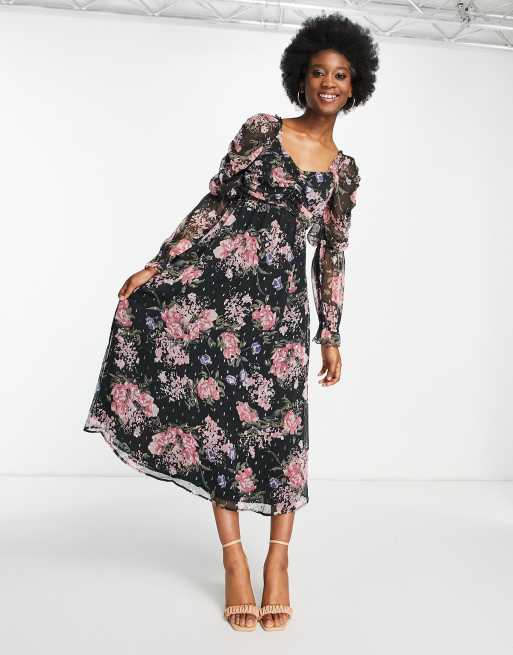 Miss Selfridge - Chiffon midi-jurk met gouden stippen en bloemenprint