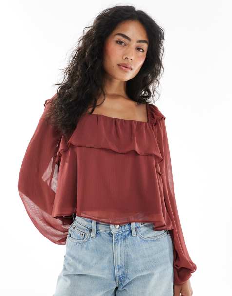 Miss Selfridge chiffon milkmaid blouse in chocolate - view 1