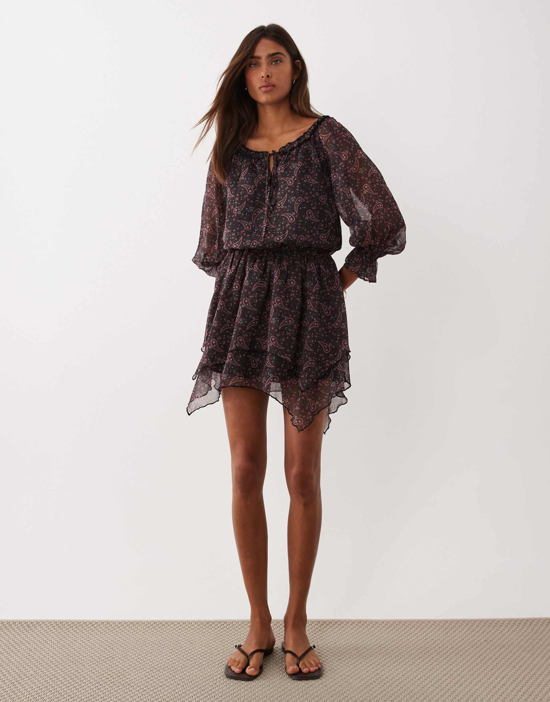 miss selfridge chiffon off the shoulder mini dress in paisley