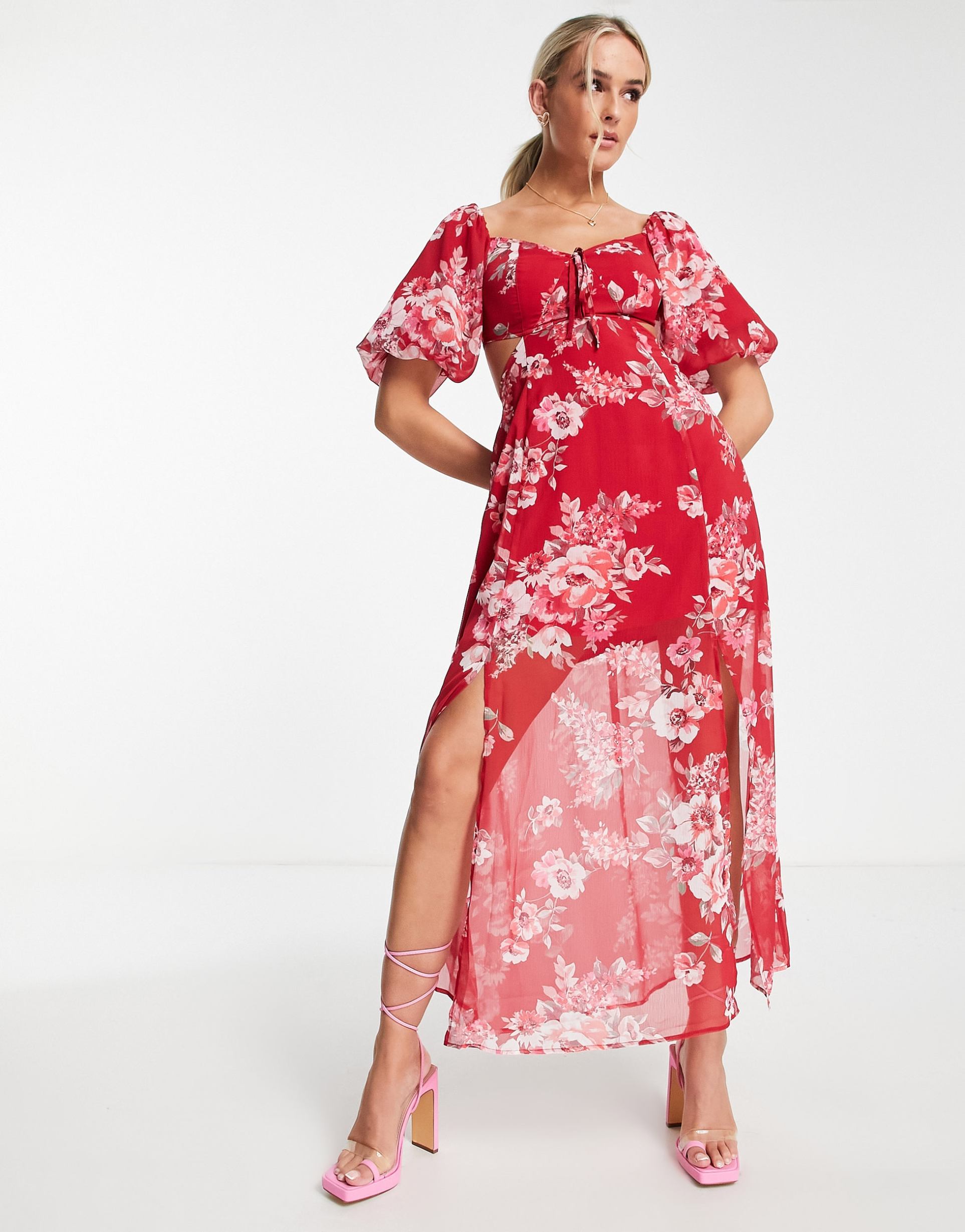Miss Selfridge chiffon puff sleeve maxi dress in red vintage floral
