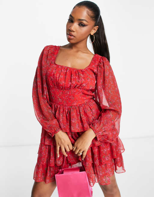 red chiffon lace dress