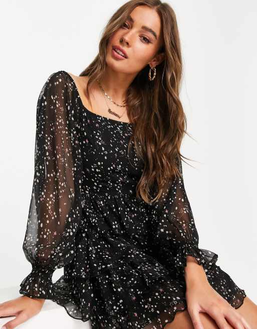 Miss Selfridge star print square neck midi dress in black