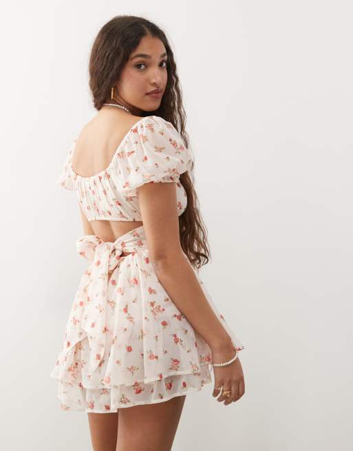 Miss Selfridge chiffon rara mini romper in pink rose print, 4 of 4