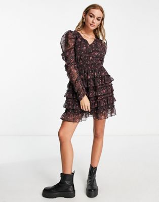 Miss Selfridge chiffon rara skirt mini dress in rose check print
