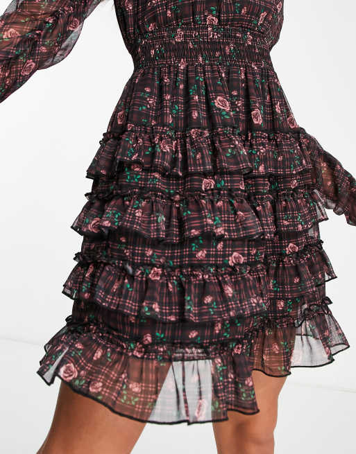 Miss Selfridge chiffon rara skirt mini dress in rose check print