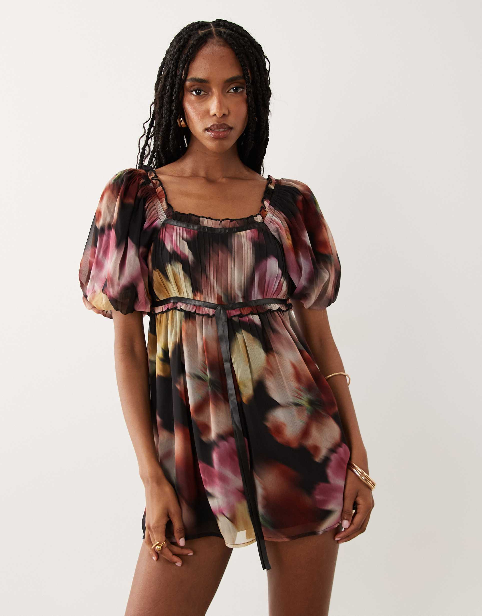miss selfridge chiffon ribbon milkmaid romper in blurred floral