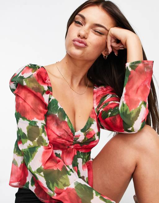 ASOS DESIGN soft corset top with hook & eye in blurred floral print