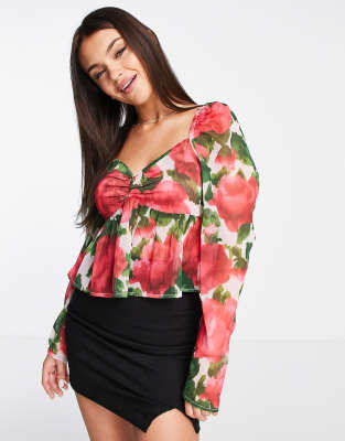 Miss Selfridge chiffon ruched front top in blurred rose