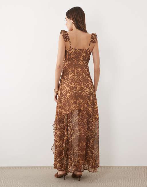 Miss Selfridge chiffon ruffle cami maxi dress in animal print, 2 of 4
