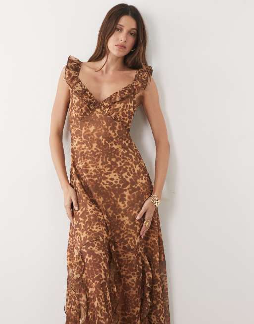 Miss Selfridge chiffon ruffle cami maxi dress in animal print, 3 of 4