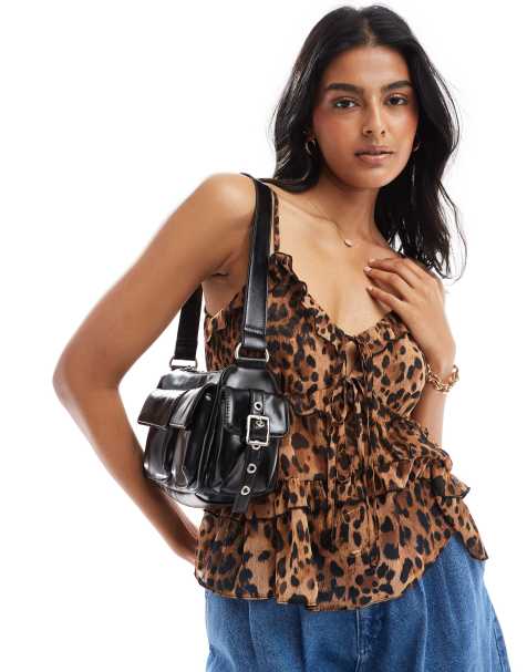 Miss Selfridge chiffon ruffle cami top in leopard print - view 1