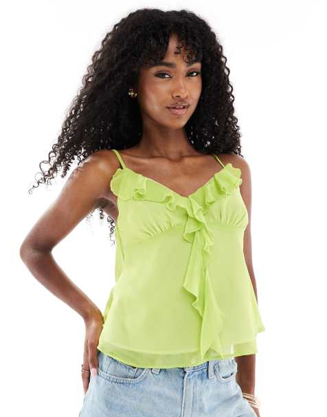 Miss Selfridge chiffon ruffle cami top in lime