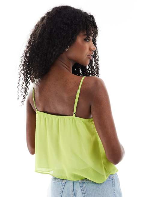 Miss Selfridge chiffon ruffle cami top in lime, 3 of 4