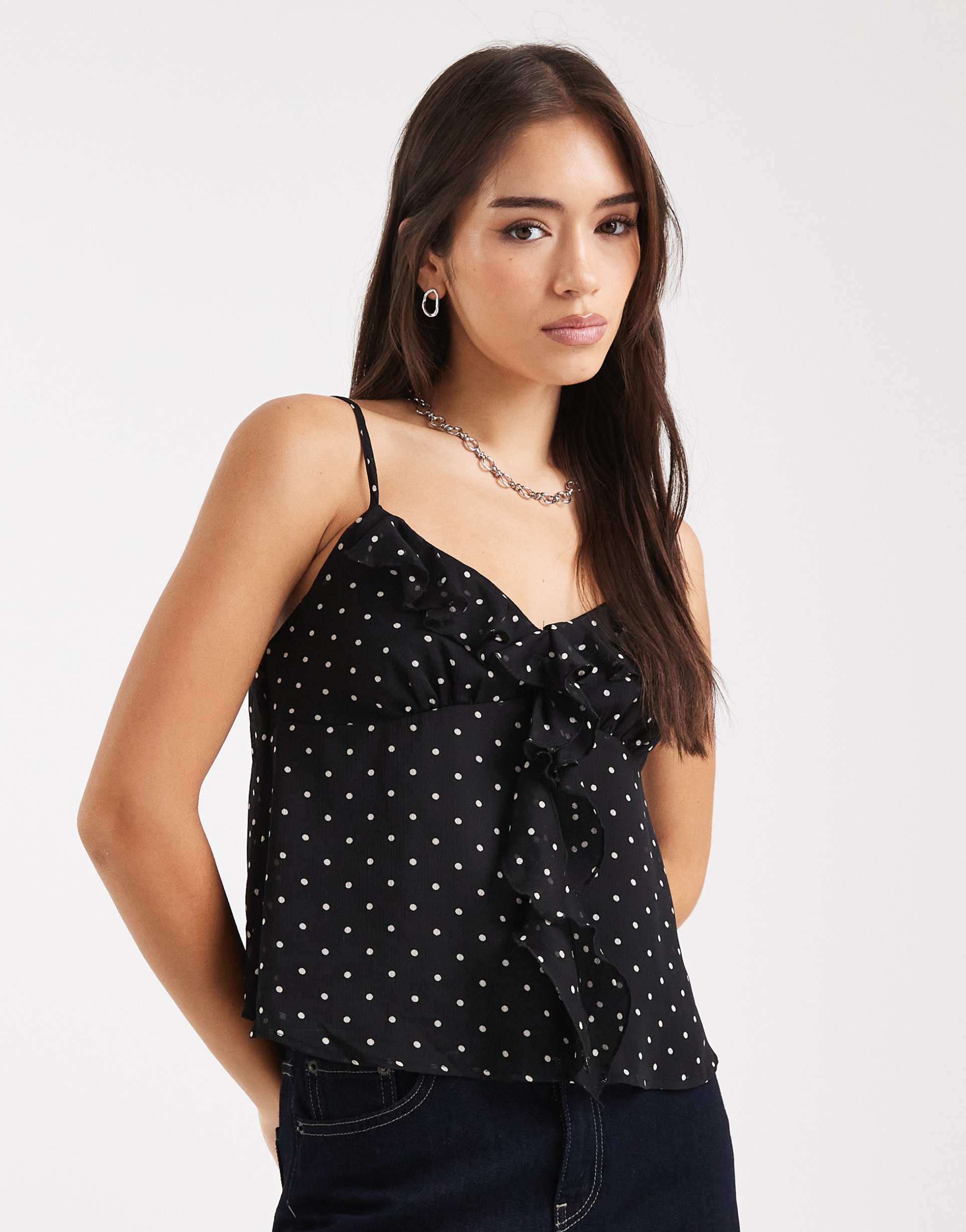 miss selfridge chiffon ruffle cami top in polka dots