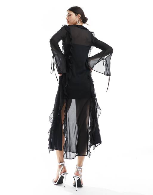 Miss Selfridge chiffon ruffle detail maxi dress in black, 2 of 4