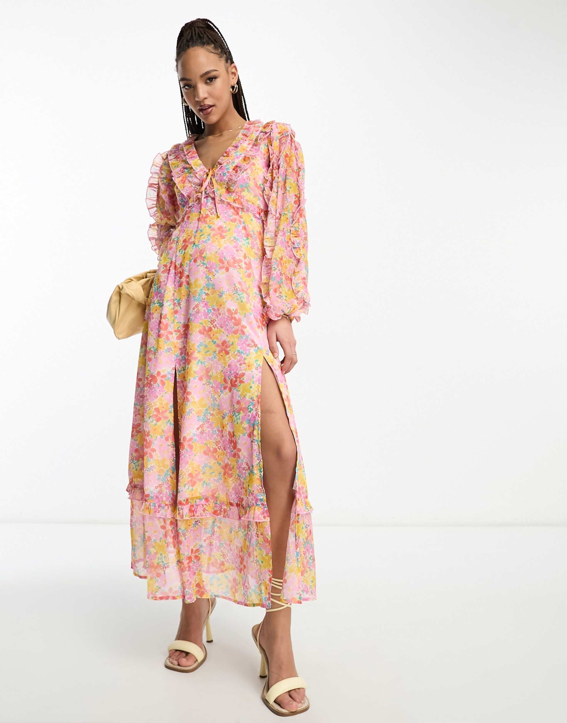 miss selfridge chiffon ruffle detail maxi dress in bright ditsy floral
