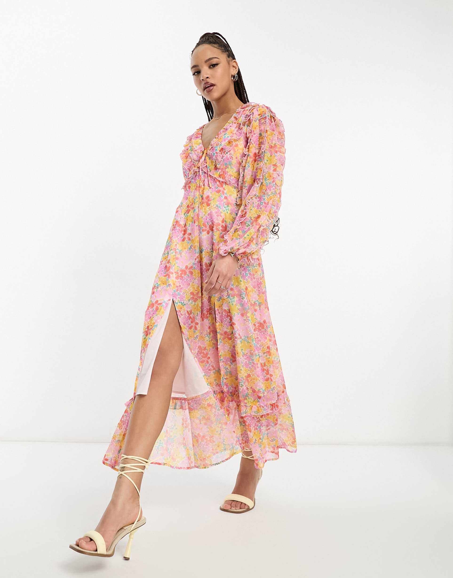 miss selfridge chiffon ruffle detail maxi dress in bright ditsy floral