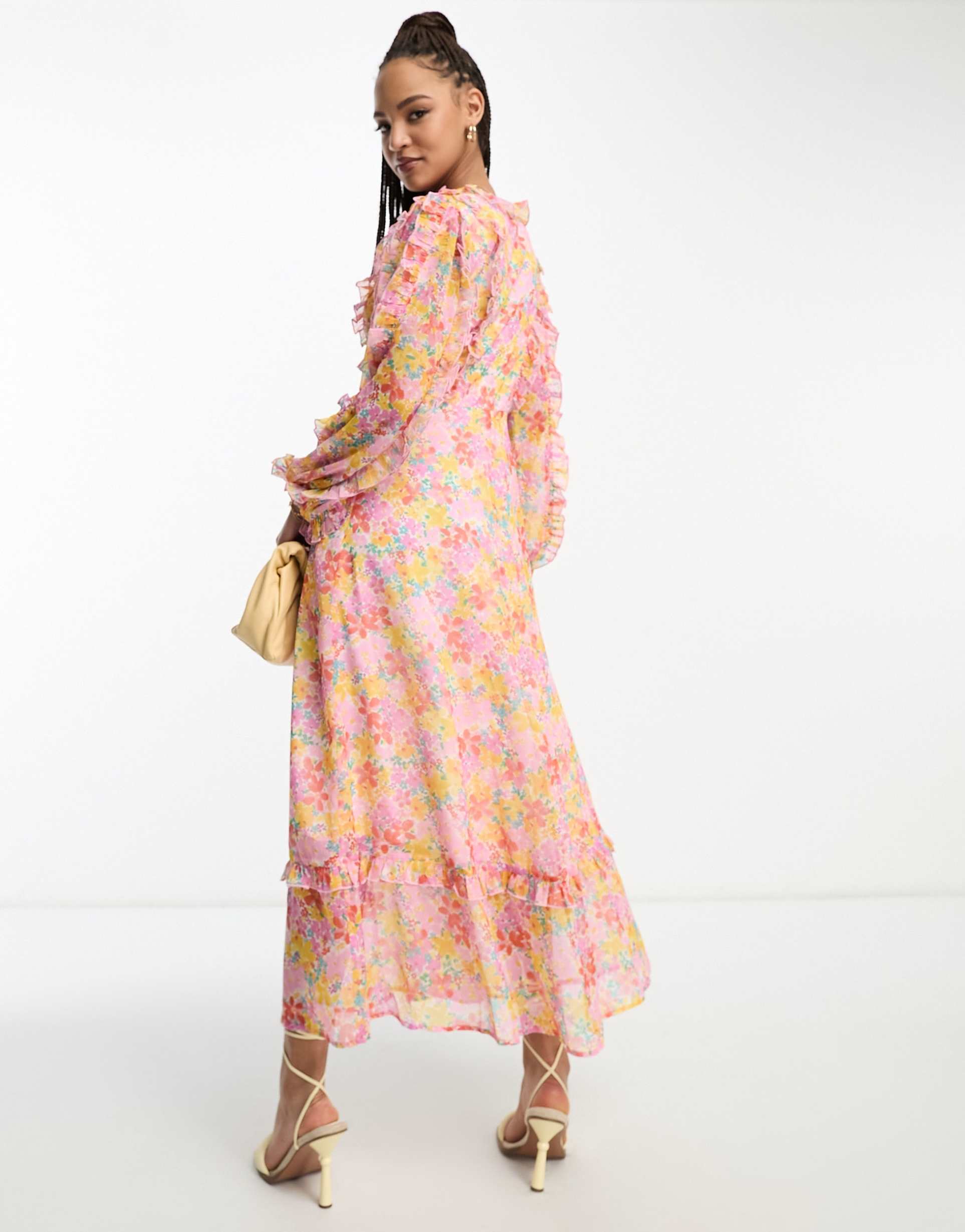 miss selfridge chiffon ruffle detail maxi dress in bright ditsy floral