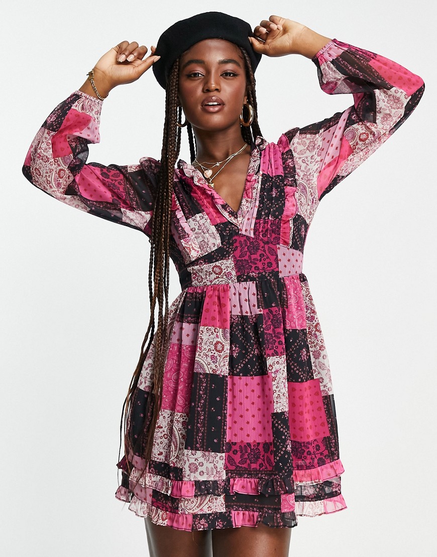 Miss Selfridge chiffon ruffle detail mini tea dress in pink patchwork-Multi