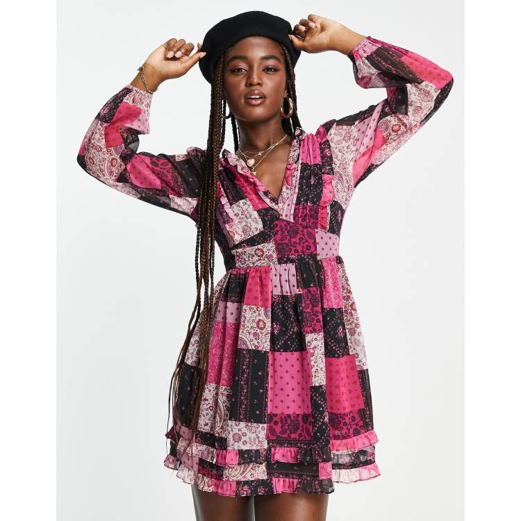 Patchwork print tassel detail shop smock dress