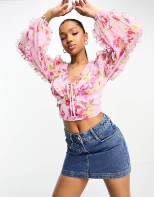 Miss Selfridge Chiffon Ruffle Detail Tie Front Blouse In Pink Retro Floral-multi