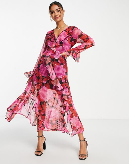 Asos design wrap maxi dress with frills in red floral clearance print