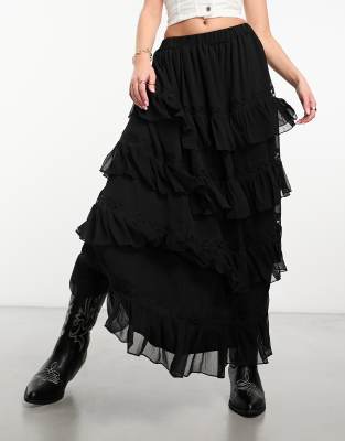 Miss Selfridge Chiffon Ruffle Lace Insert Maxi Skirt-black