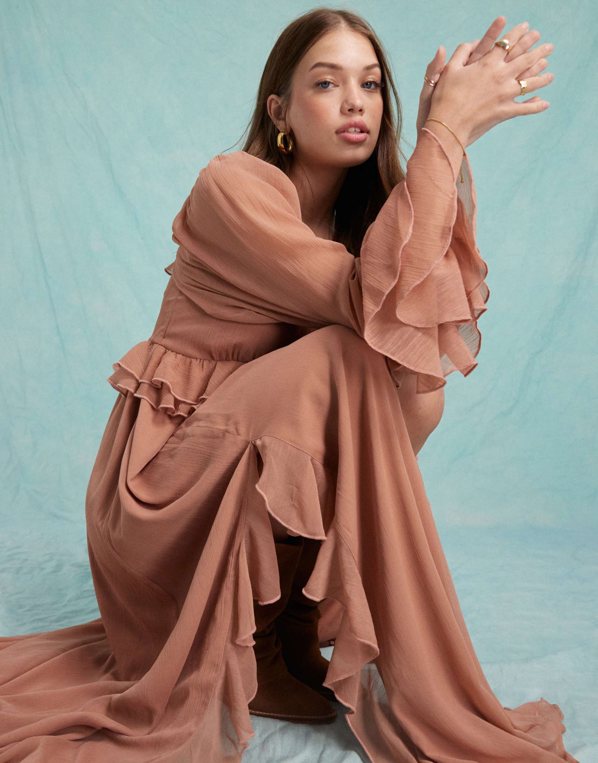 miss selfridge chiffon ruffle maxi dress in chocolate