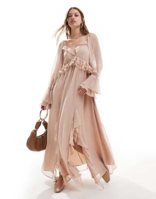 chiffon ruffle maxi dress in pink-White