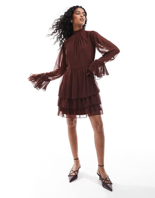 Miss Selfridge Chiffon Ruffle Mini Dress in Brown