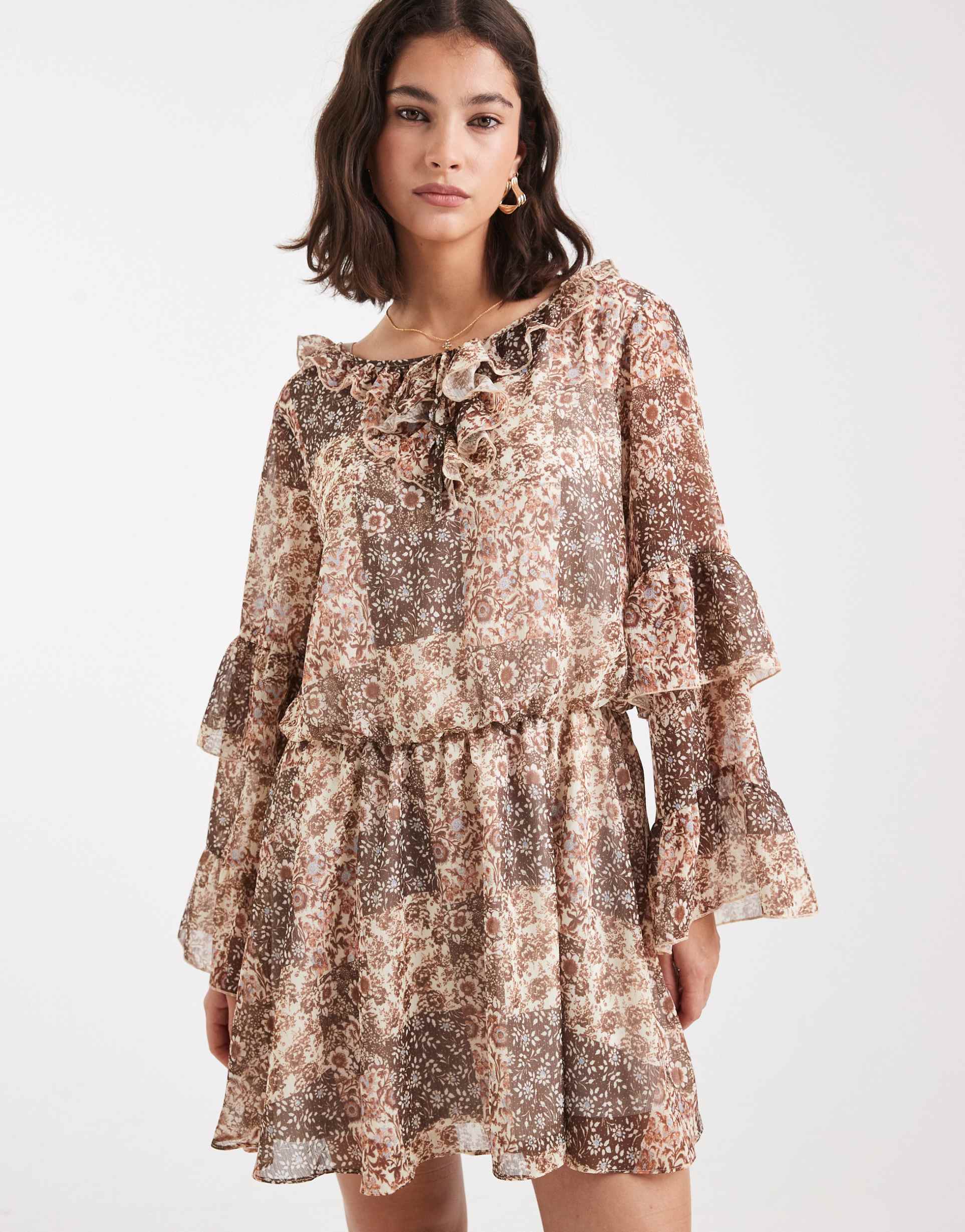 miss selfridge chiffon ruffle mini dress in paisley