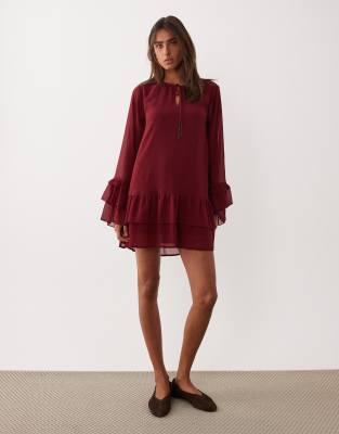 Miss Selfridge chiffon ruffle mini dress in wine