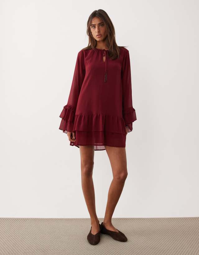 miss selfridge burgundy dress - Chiffon Ruffle Mini - Women - Polyester - 4 US Burgundy asos