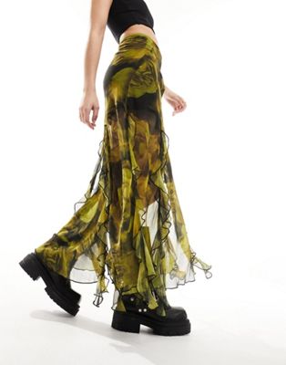 Miss Selfridge Chiffon Ruffle Split Maxi Skirt In Green Floral
