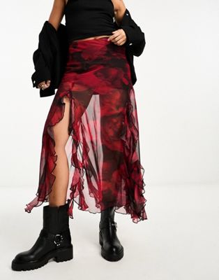 Miss Selfridge chiffon ruffle split maxi skirt in red floral