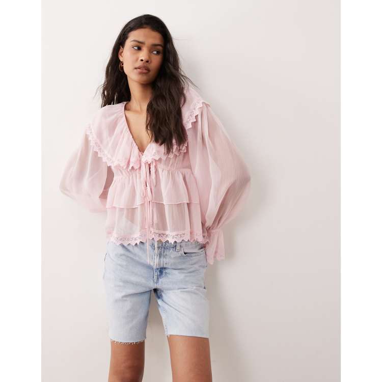 Miss Selfridge chiffon ruffle tie front blouse in light pink | ASOS