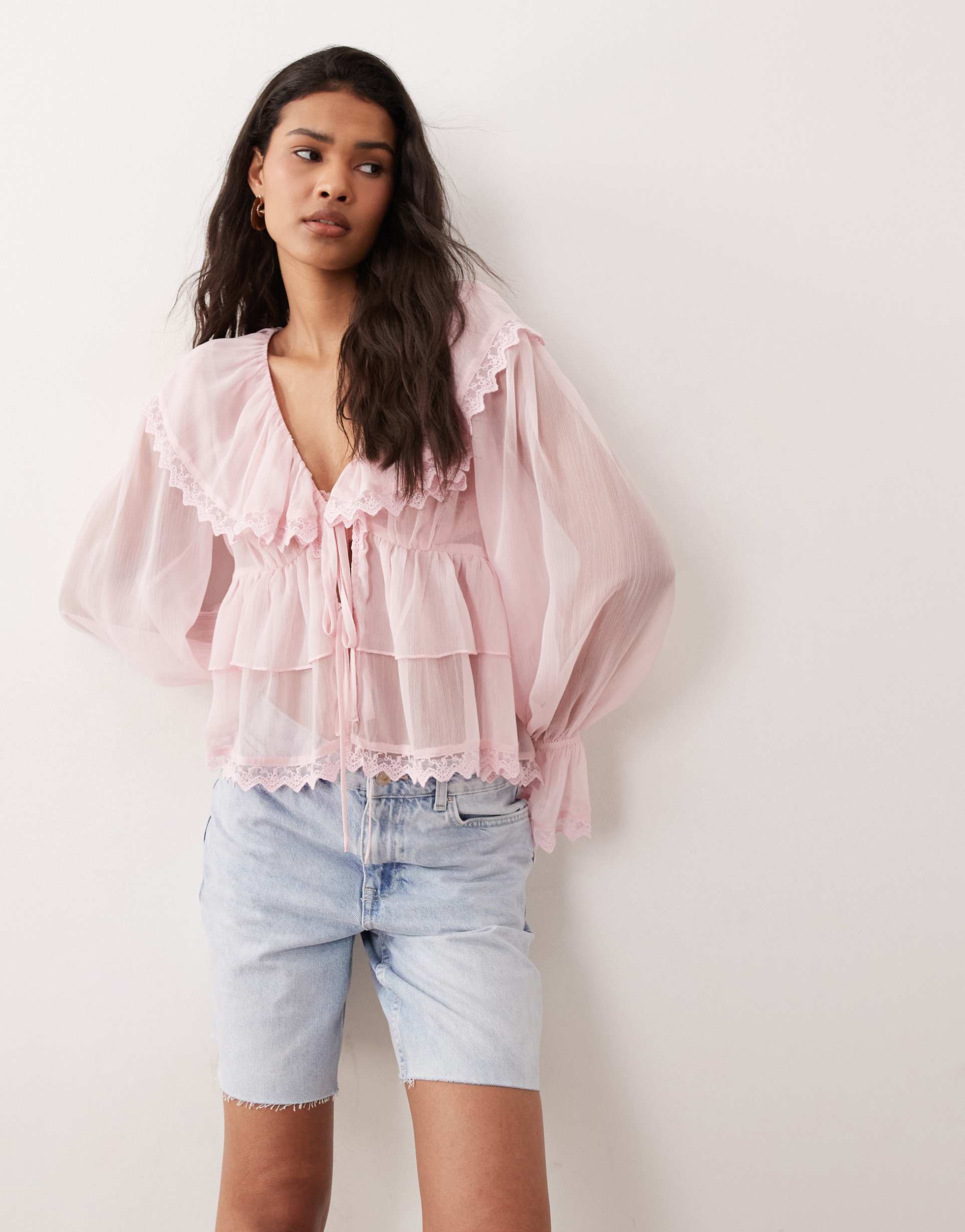 miss selfridge chiffon ruffle tie front blouse in light pink