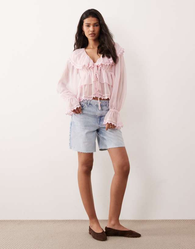 Miss Selfridge chiffon ruffle tie front blouse in light pink | ASOS
