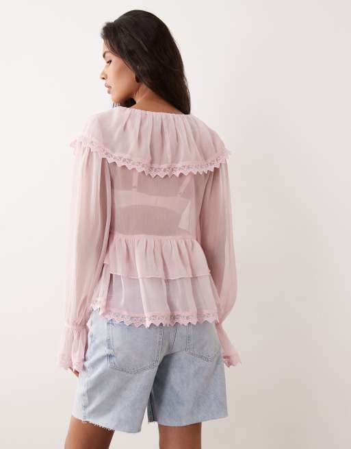 Miss Selfridge chiffon ruffle tie front blouse in light pink, 4 of 4