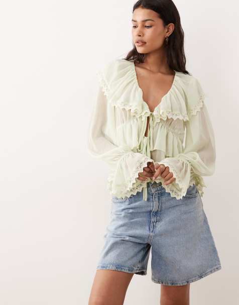 Miss Selfridge chiffon ruffle tie front blouse in mint - view 1