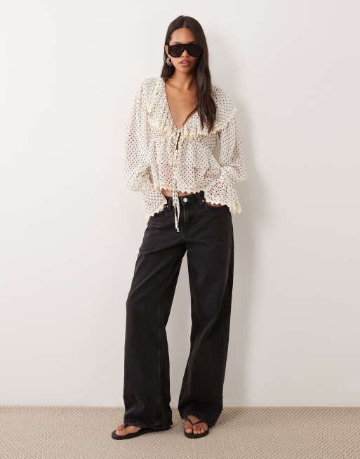 Miss Selfridge chiffon ruffle tie front blouse in polka dot, 2 of 4