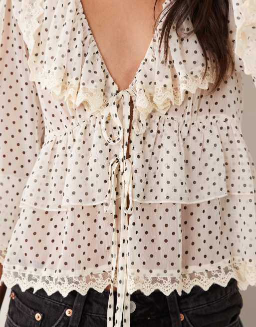 Miss Selfridge chiffon ruffle tie front blouse in polka dot, 3 of 4