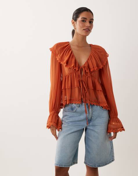 Miss Selfridge chiffon ruffle tie front blouse in rust - view 1