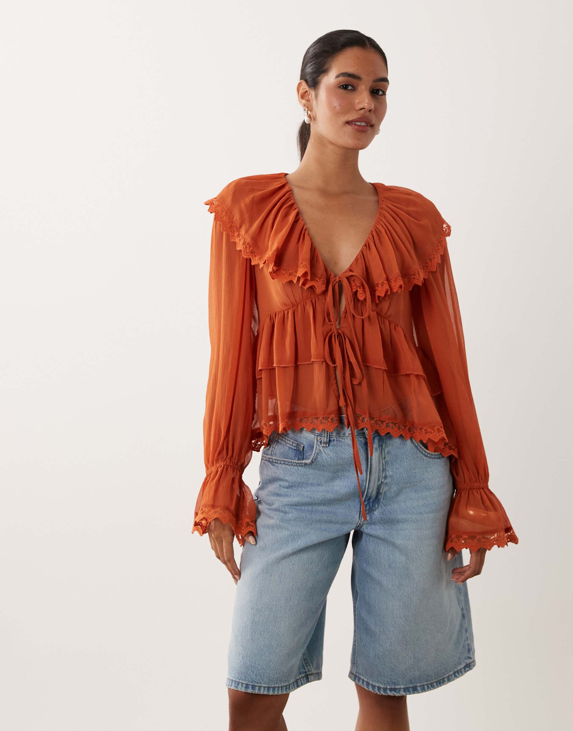 miss selfridge chiffon ruffle tie front blouse in rust