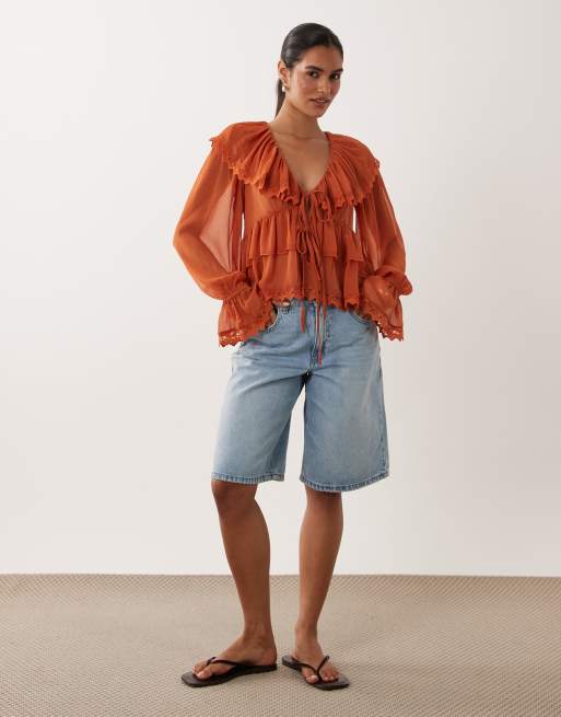 Miss Selfridge chiffon ruffle tie front blouse in rust, 2 of 4