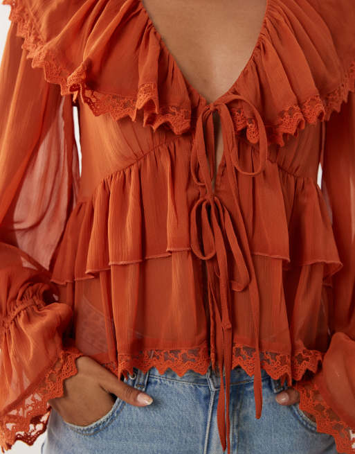 Miss Selfridge chiffon ruffle tie front blouse in rust, 3 of 4