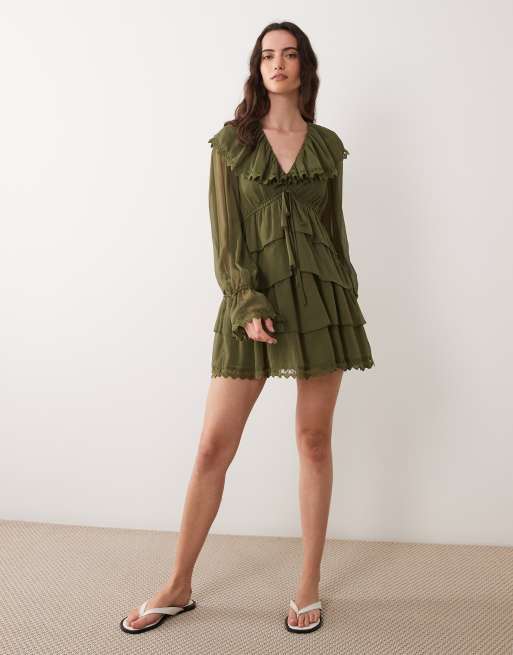 Miss Selfridge chiffon ruffle tie front dress in olive, 2 of 4