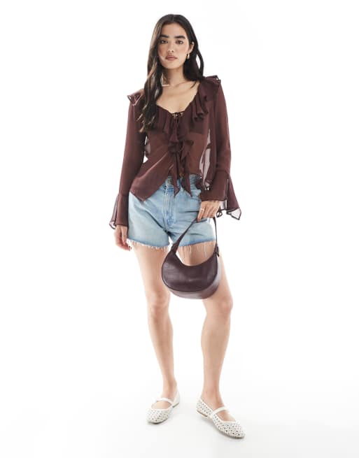 Miss Selfridge chiffon ruffle tie front top in brown