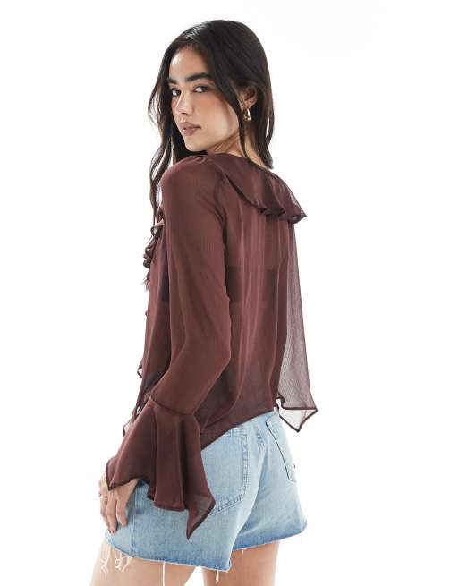Miss Selfridge chiffon ruffle tie front top in brown