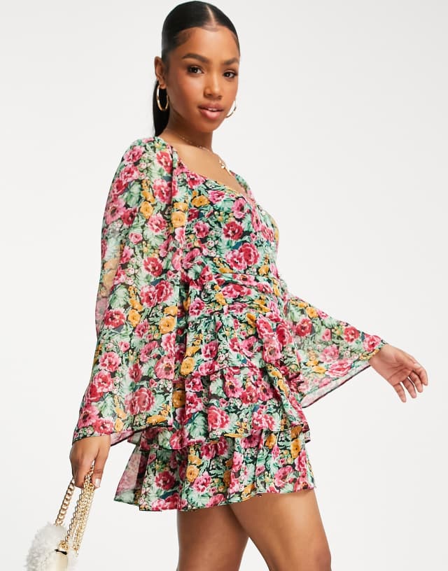 Miss Selfridge chiffon ruffle tier mini dress in cluster floral